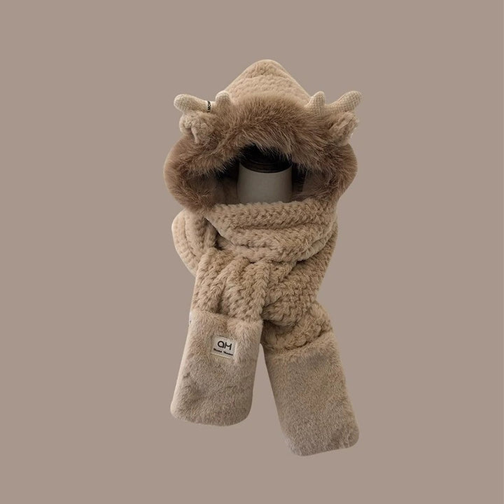 Damen Winter-Set: Plüsch-Kapuzenmütze mit Schal und Handschuhen