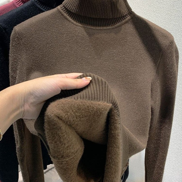 Damen-Strickpullover mit Innenfleece, hochgeschlossen