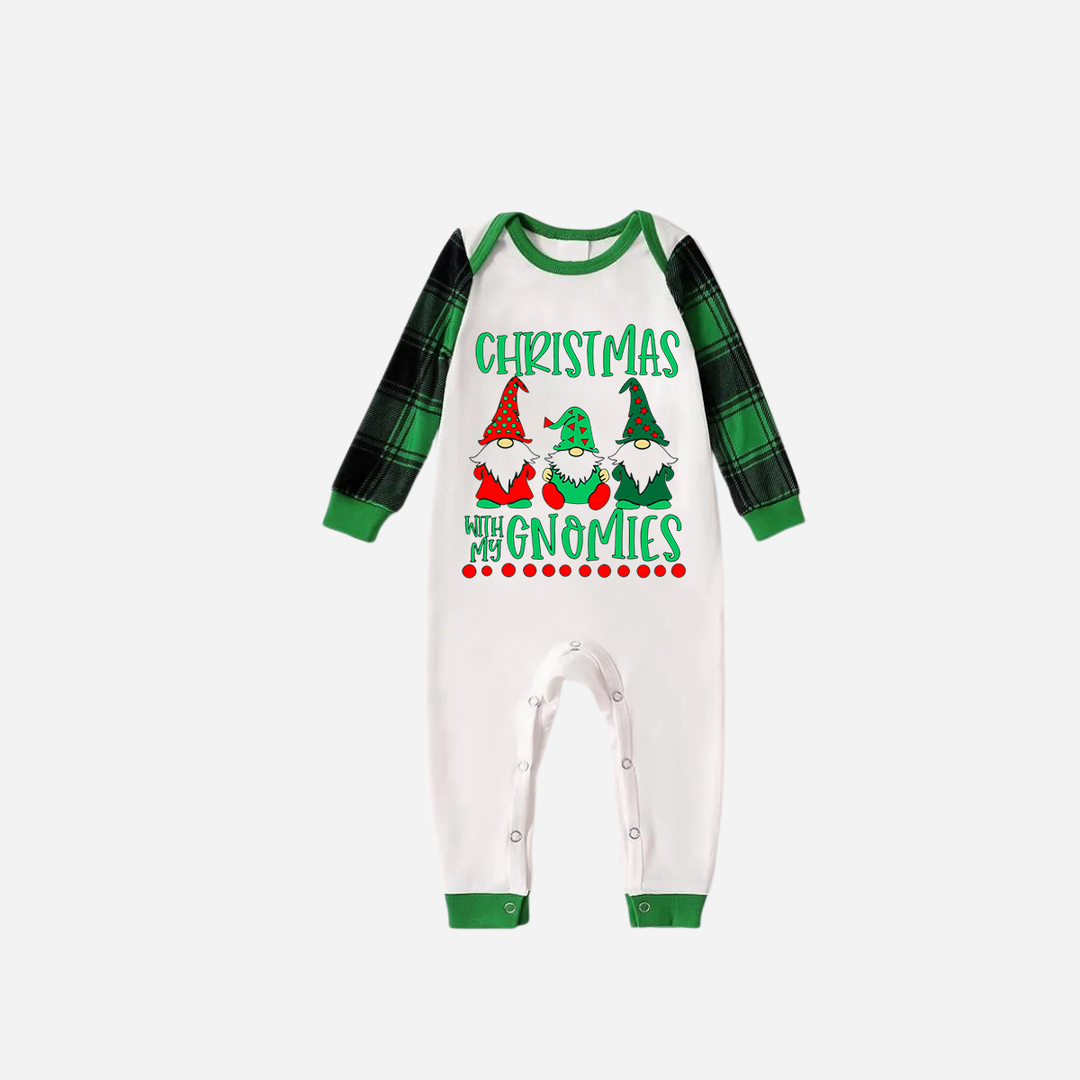 Drune | Grünes Raglan-Oberteil Grüner Karierter Weihnachts-Pyjama-Set Mit "Weihnachten Mit Meinen Gnomies" Textdruck