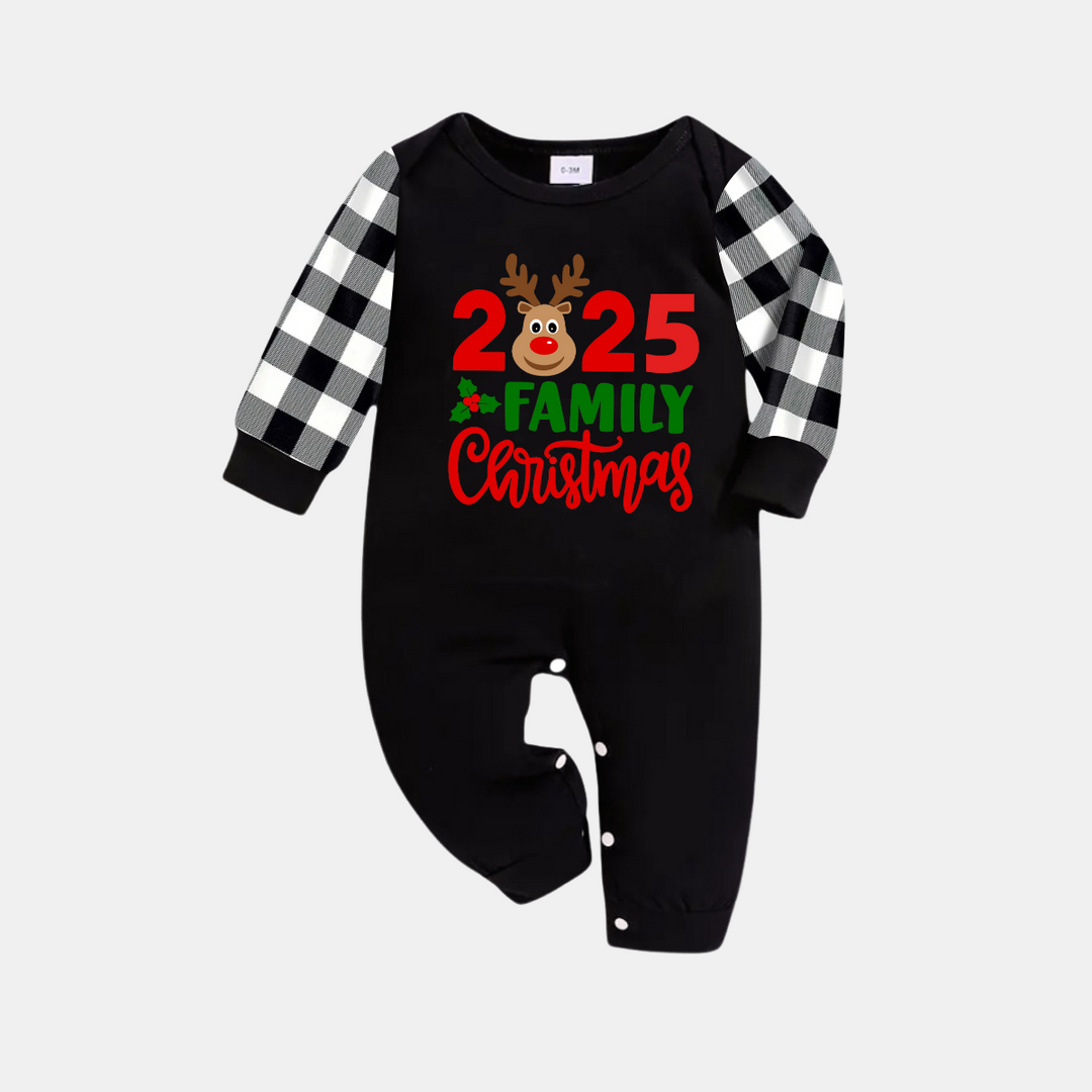 Drune | "2025 Familie Weihnachten" Elch Brief Druck Schwarz Langarmtop mit Schwarz- und Weißkarierten Hosen Familie Passende Pyjamas