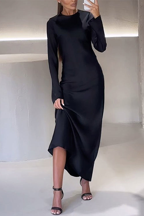 Drune | Rosiedress Rundhals Lange Ärmel Satin Maxi Partykleid