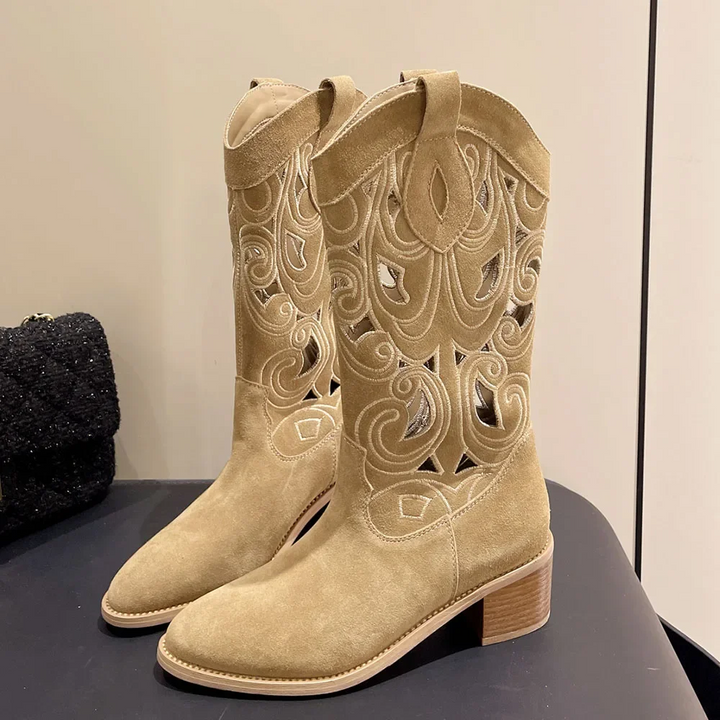 Drune | Bestickte Westernstiefel Damen mit Dekorativen Ausschnitten, Cowboystiefel Damen