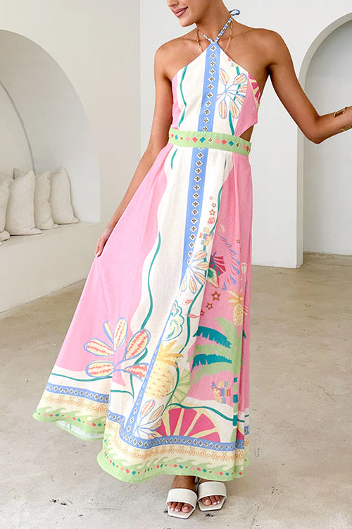Drune | Halter Schnürung Rückenfreies Rio Print Maxi Kleid