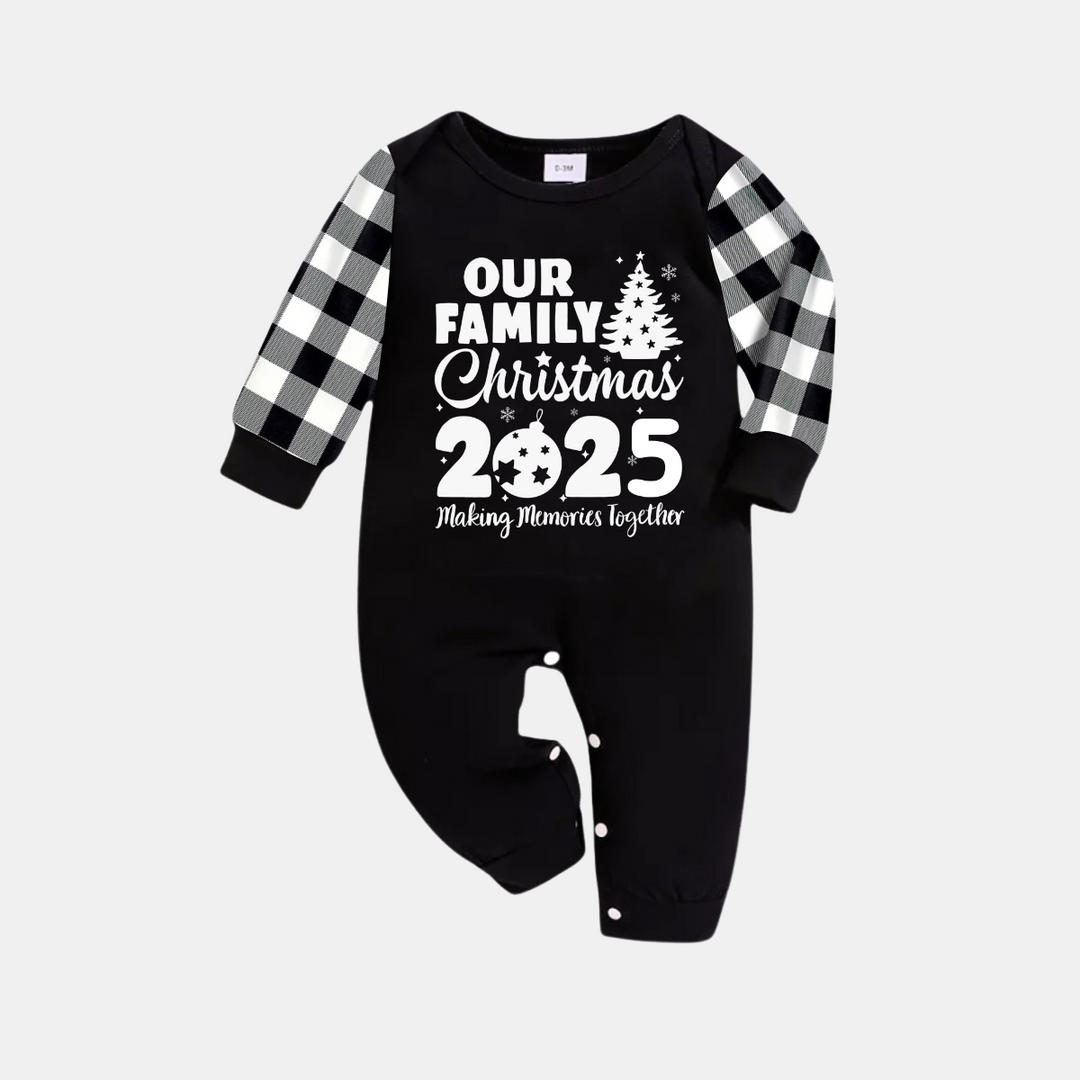 Drune | Weihnachtsbaum & "2025 Gemeinsam Erinnerungen schaffen" Gemusterte Schwarz-Weiß Karierte Pyjama-Set
