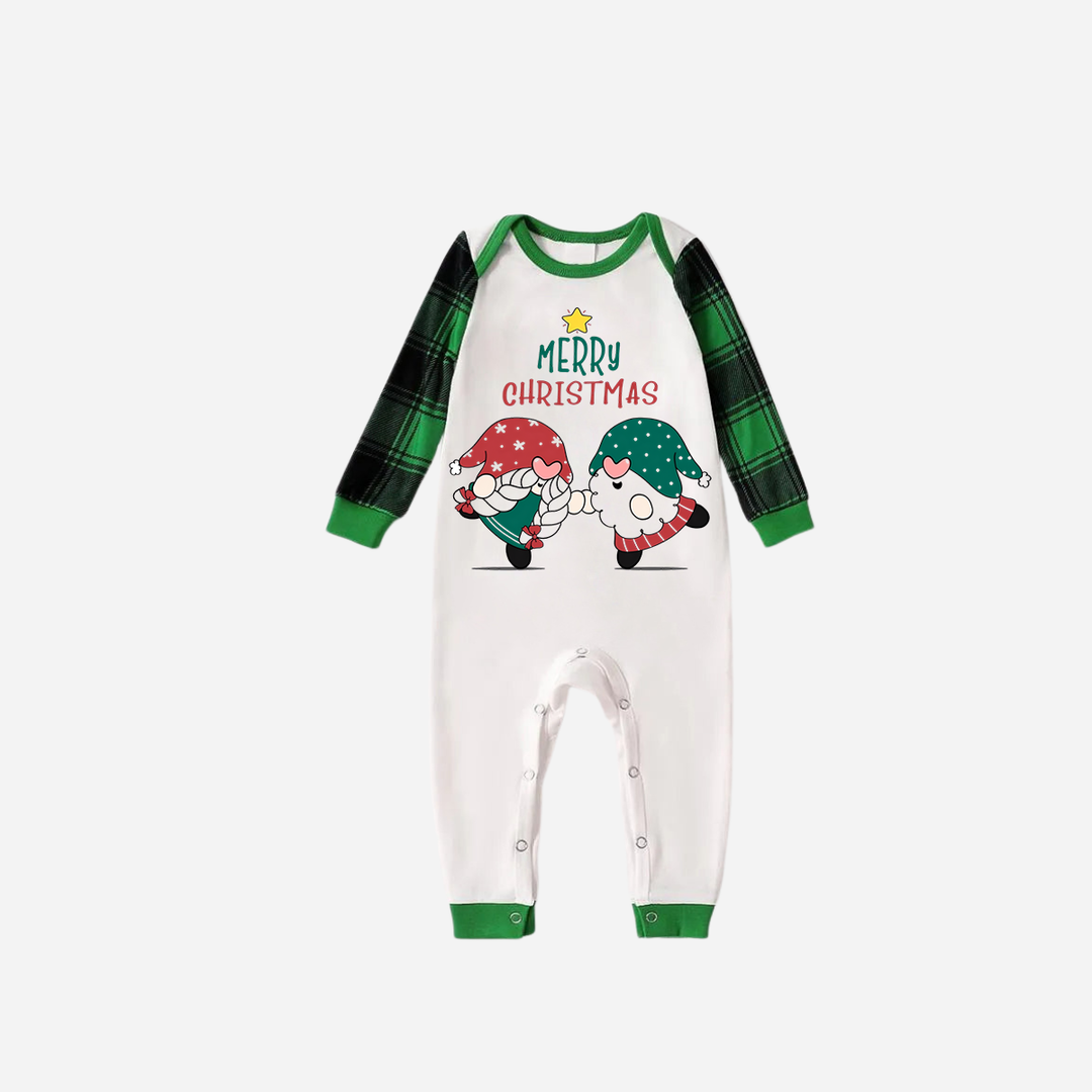 Drune | Grünes Raglan-Top Grünes Karomuster Weihnachten Pyjama-Set mit Gnom und Frohe Weihnachten Textdruck