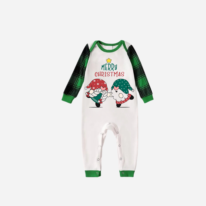 Drune | Grünes Raglan-Top Grünes Karomuster Weihnachten Pyjama-Set mit Gnom und Frohe Weihnachten Textdruck