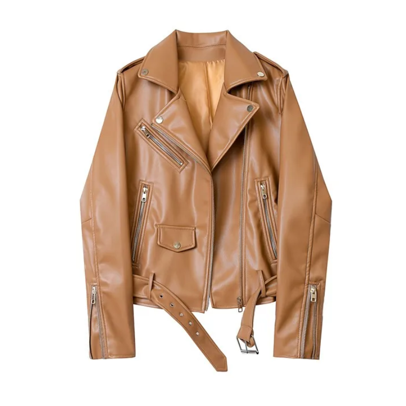 Drune | Damen-Biker-Lederjacke mit Reißverschlüssen und Gürtel