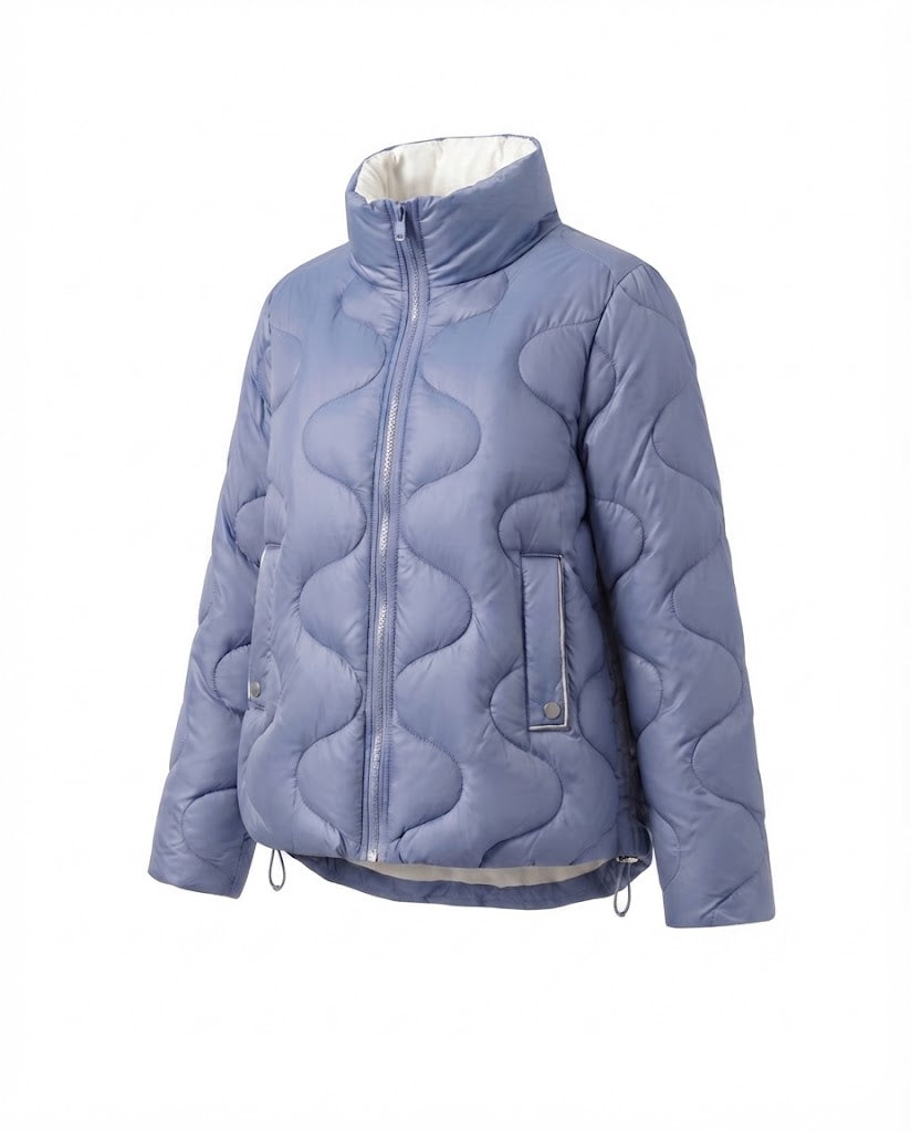 Damen Nano Kurze Gepolsterte Wellenstepp-Puffjacke mit Ergonomischem Stehkragen und Seitlichem Kordelzug