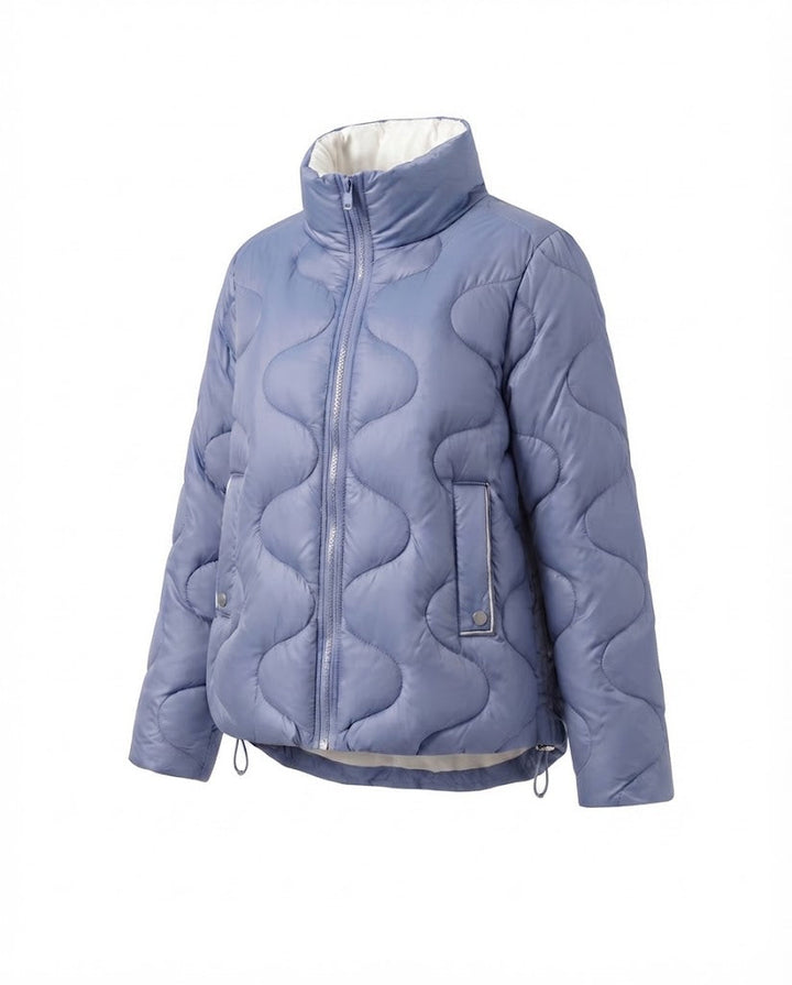 Damen Nano Kurze Gepolsterte Wellenstepp-Puffjacke mit Ergonomischem Stehkragen und Seitlichem Kordelzug