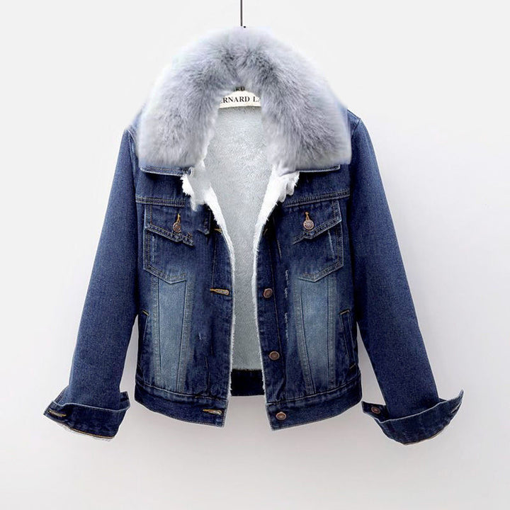 Gefütterte Jeansjacke für Damen, kurz, mit Webpelzkragen