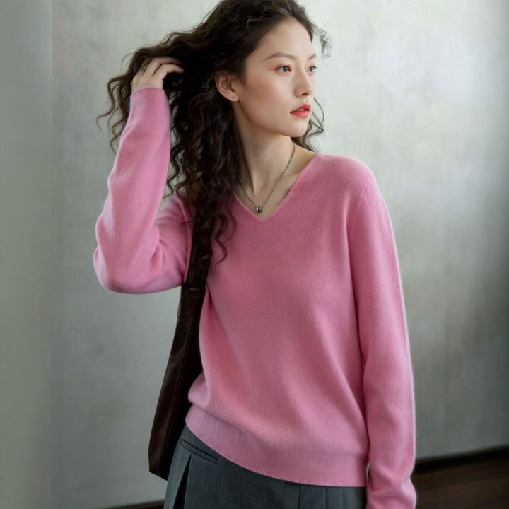 Damen-Wollpullover, V-Ausschnitt, lockere Passform