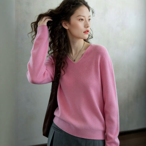 Damen-Wollpullover, V-Ausschnitt, lockere Passform