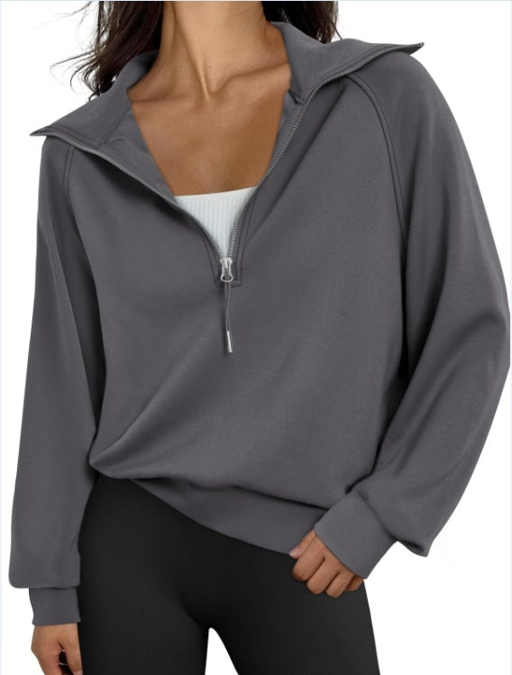 Kurzes Damen-Sweatshirt mit halbem Reißverschluss und Stehkragen
