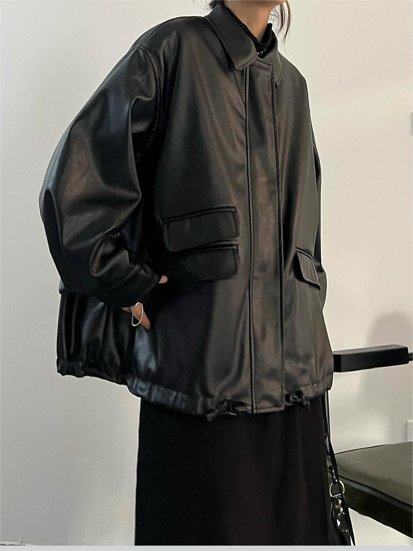 Drune | oversized schwarzer veganer Lederjacke mit Reißverschluss