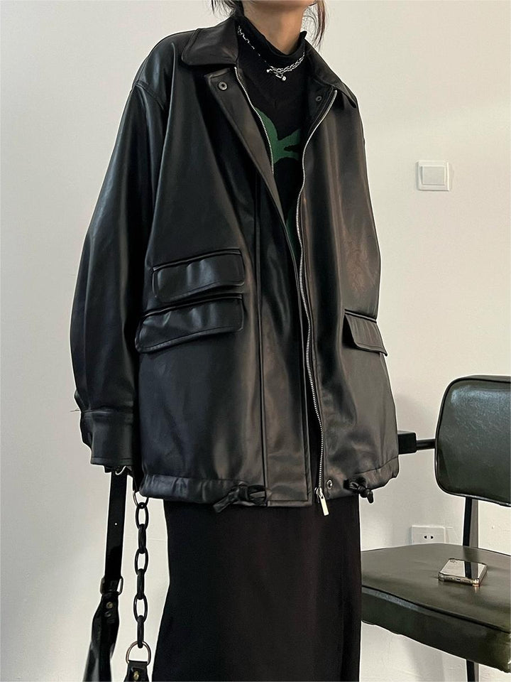 Drune | oversized schwarzer veganer Lederjacke mit Reißverschluss