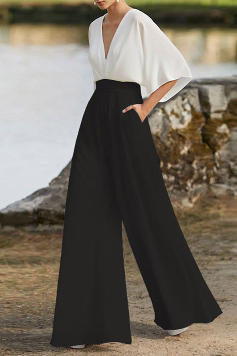 Drune | Britischer Stil Eleganter Farbblock Tasche Kontrast V-Ausschnitt Lockere Jumpsuits