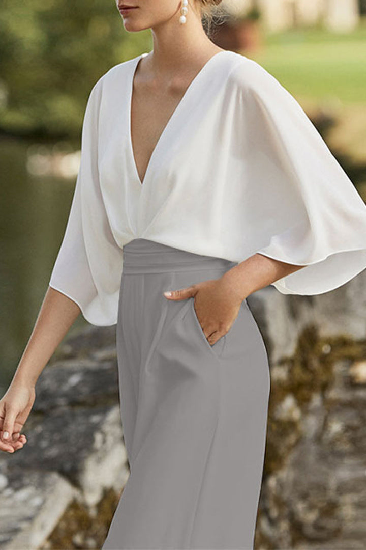 Drune | Britischer Stil Eleganter Farbblock Tasche Kontrast V-Ausschnitt Lockere Jumpsuits