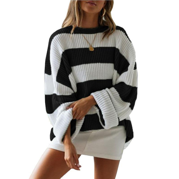 Damen lässiger Strickpullover mit breiten Streifen Drune