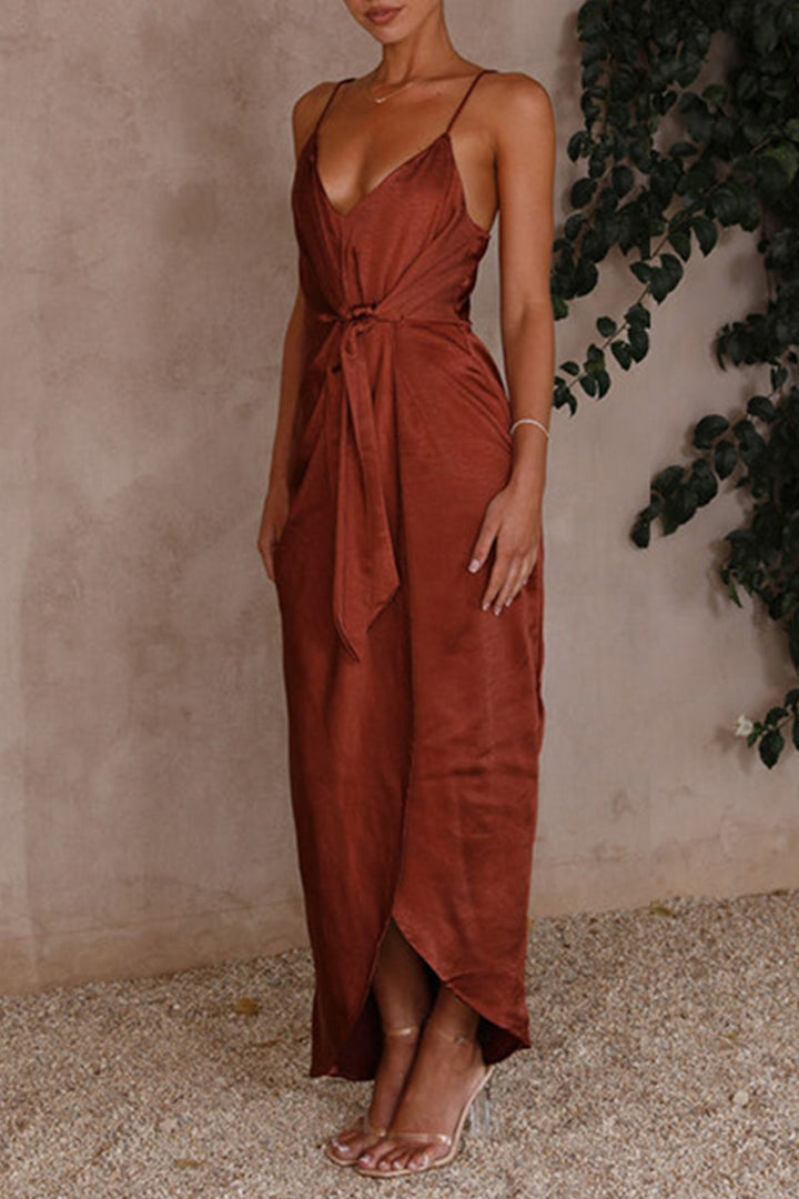 Drune | Sexy Solid Frenulum Falten V-Ausschnitt Sling Kleid Kleider- 4 Farben