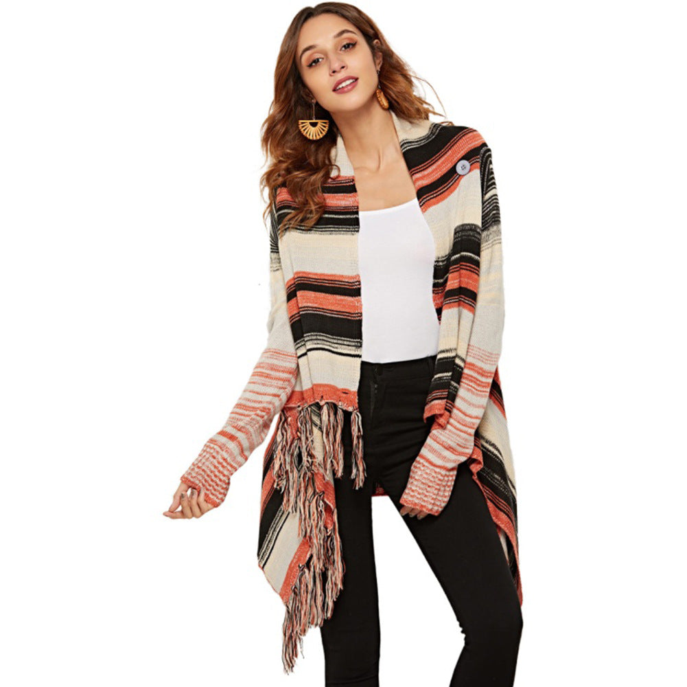 Damen modische Strickjacke mit Fransen und typischem Streifenmuster Drune