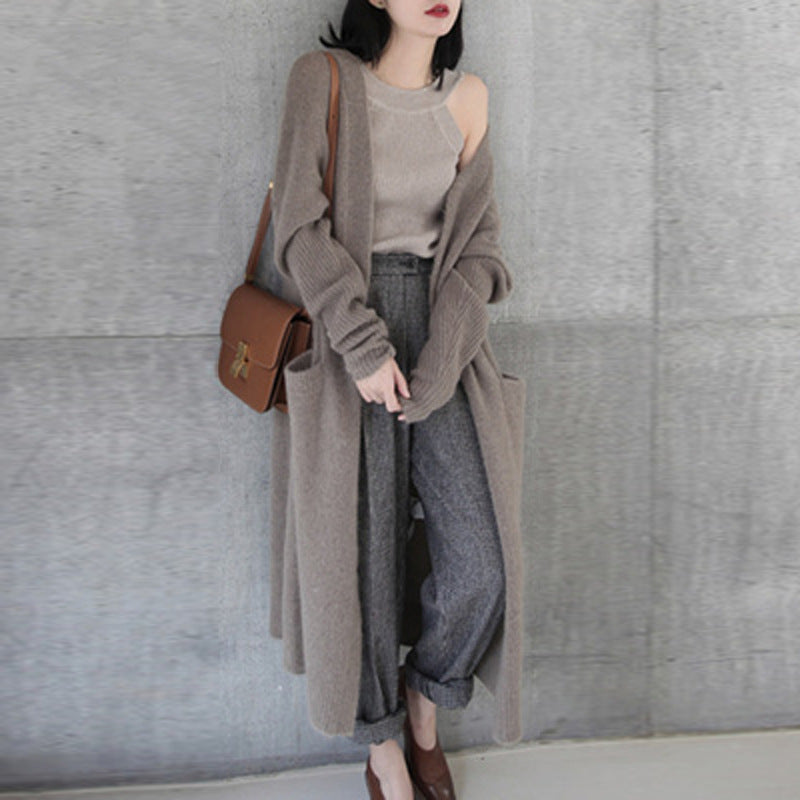 Damen leichter und eleganter Strickmantel mit tiefem V-Ausschnitt und praktischen Taschen Drune