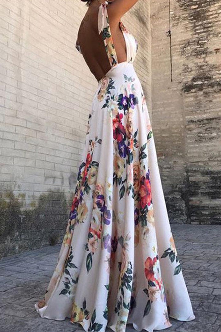 Drune | Elegantes florales rückenfreies V-Ausschnitt bedrucktes Kleid Kleider