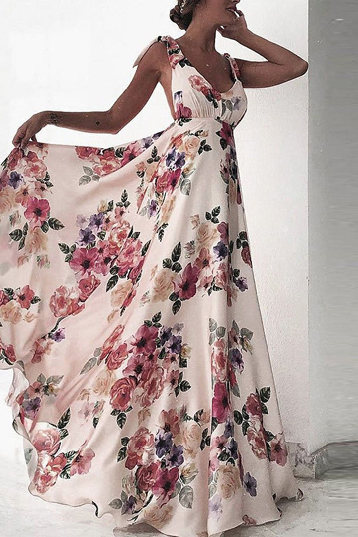 Drune | Elegantes florales rückenfreies V-Ausschnitt bedrucktes Kleid Kleider