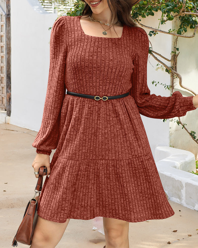 Drune | Damenkleid mit Quadrat Ausschnitt Laternenärmeln und Rippstruktur