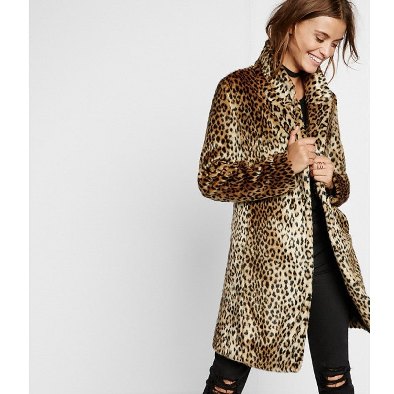 Damen Midilanger Faux‑Fur‑Mantel im Leopardenprint mit Reverskragen und Eingrifftaschen Drune