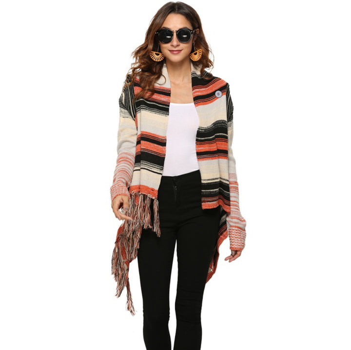 Damen modische Strickjacke mit Fransen und typischem Streifenmuster Drune