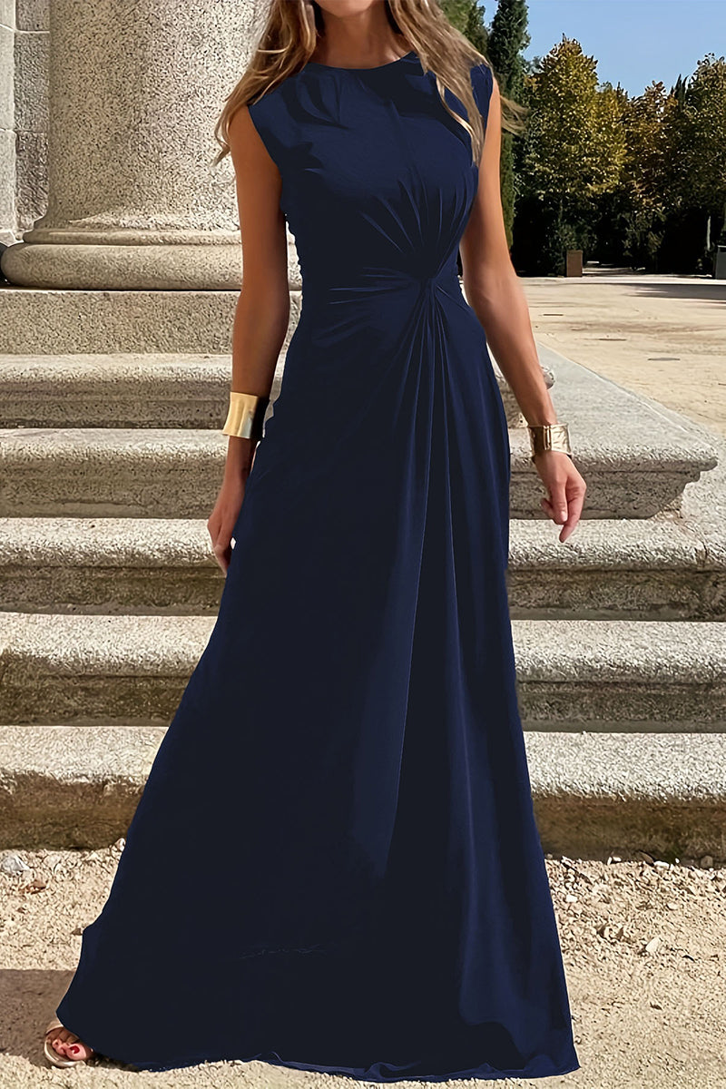 Drune | Elegante Schlichtheit Einfarbig Falten O-Ausschnitt Westen Kleid