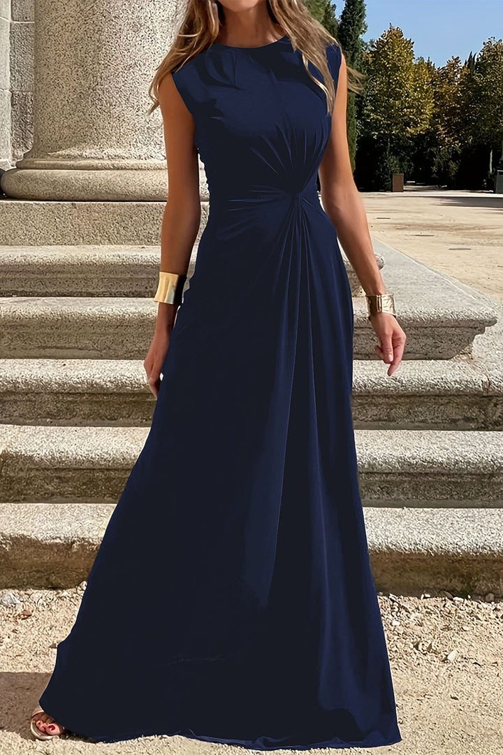 Drune | Elegante Schlichtheit Einfarbig Falten O-Ausschnitt Westen Kleid