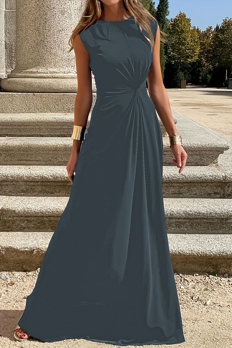 Drune | Elegante Schlichtheit Einfarbig Falten O-Ausschnitt Westen Kleid