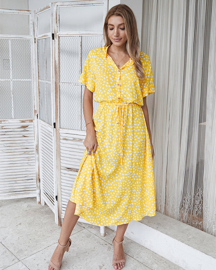 Drune | Lässiger Polka Dot V-Ausschnitt Kurzarm Midi Kleid