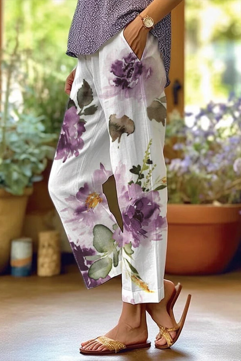 Drune | Lässige florale Patchwork lockere Mittel Taille gerade Volldruck Hosen