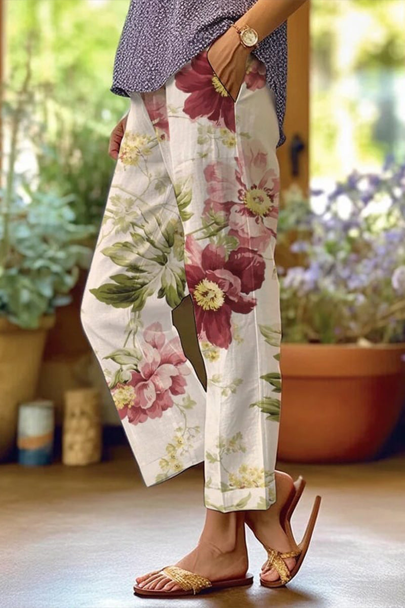 Drune | Lässige florale Patchwork lockere Mittel Taille gerade Volldruck Hosen
