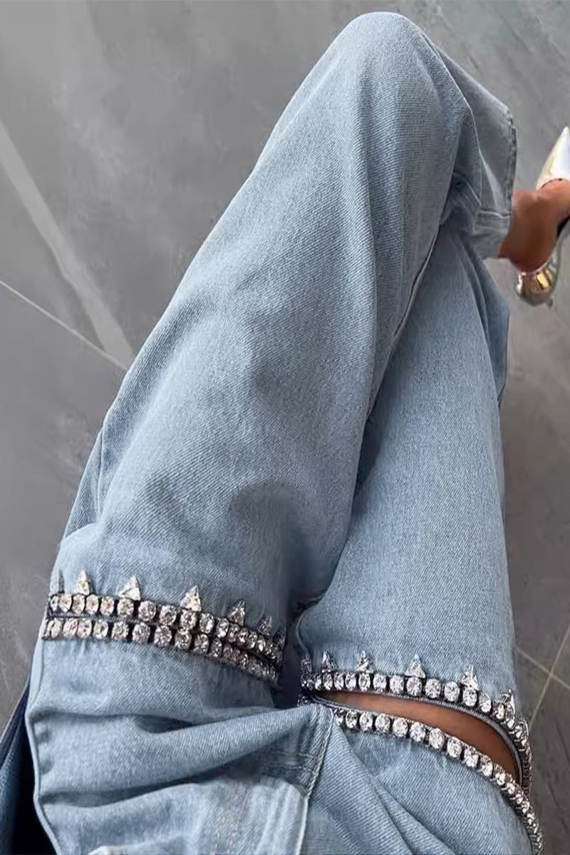 Drune | Street Einfarbige Strass Dekor Hohe Taille Denim Jeans