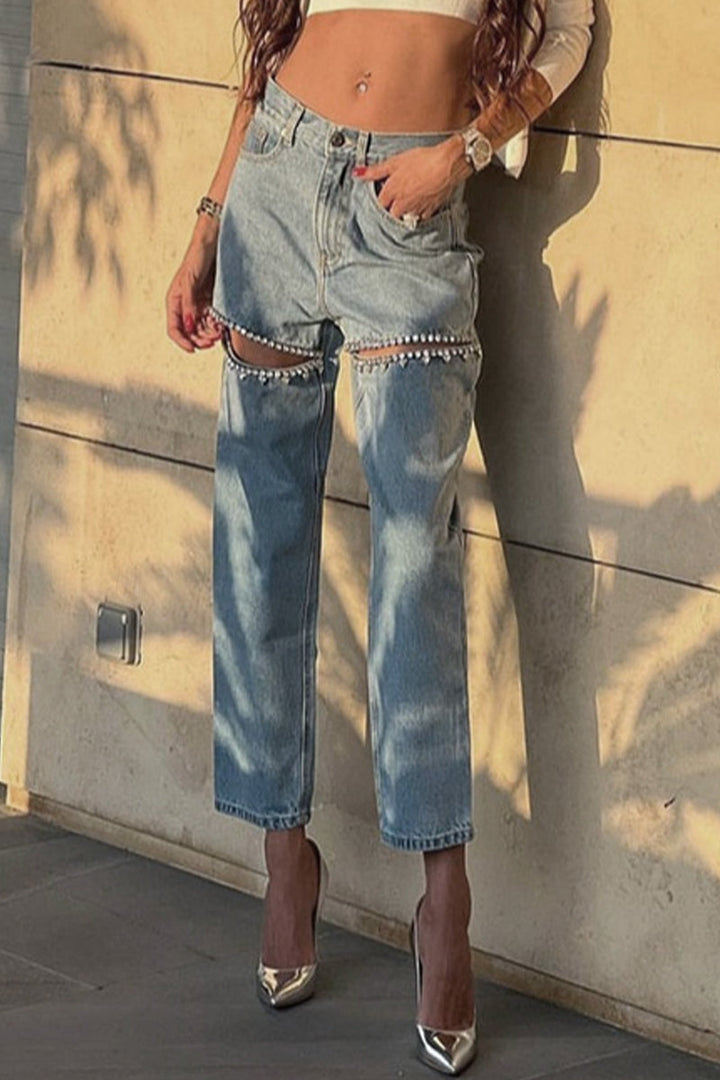 Drune | Street Einfarbige Strass Dekor Hohe Taille Denim Jeans