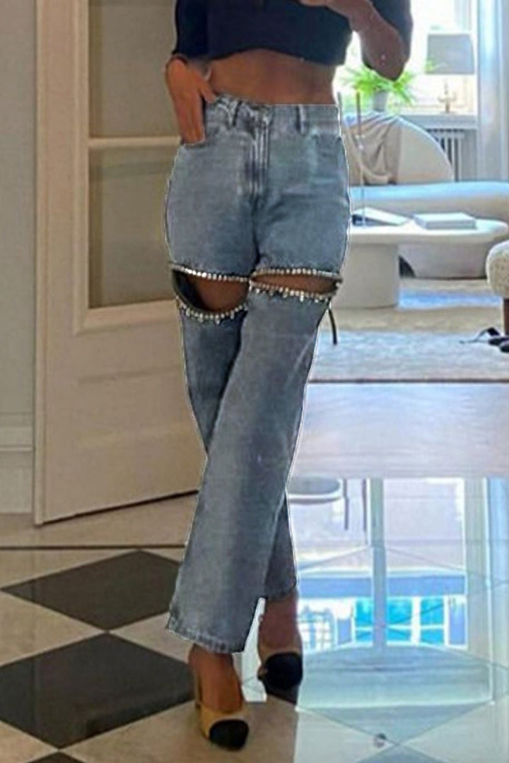 Drune | Street Einfarbige Strass Dekor Hohe Taille Denim Jeans