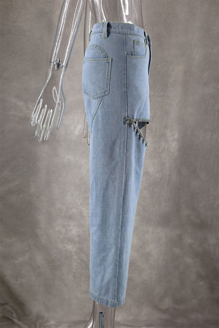 Drune | Street Einfarbige Strass Dekor Hohe Taille Denim Jeans