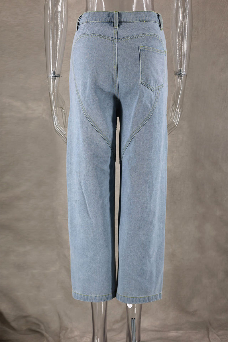 Drune | Street Einfarbige Strass Dekor Hohe Taille Denim Jeans