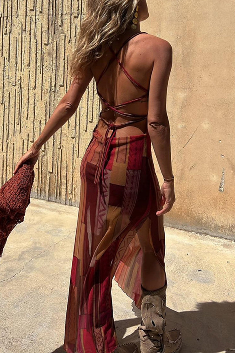 Drune | Sexy geometrischer Druck Rückenfreier Schlitzträger Design Sling Kleider - 3 Farben
