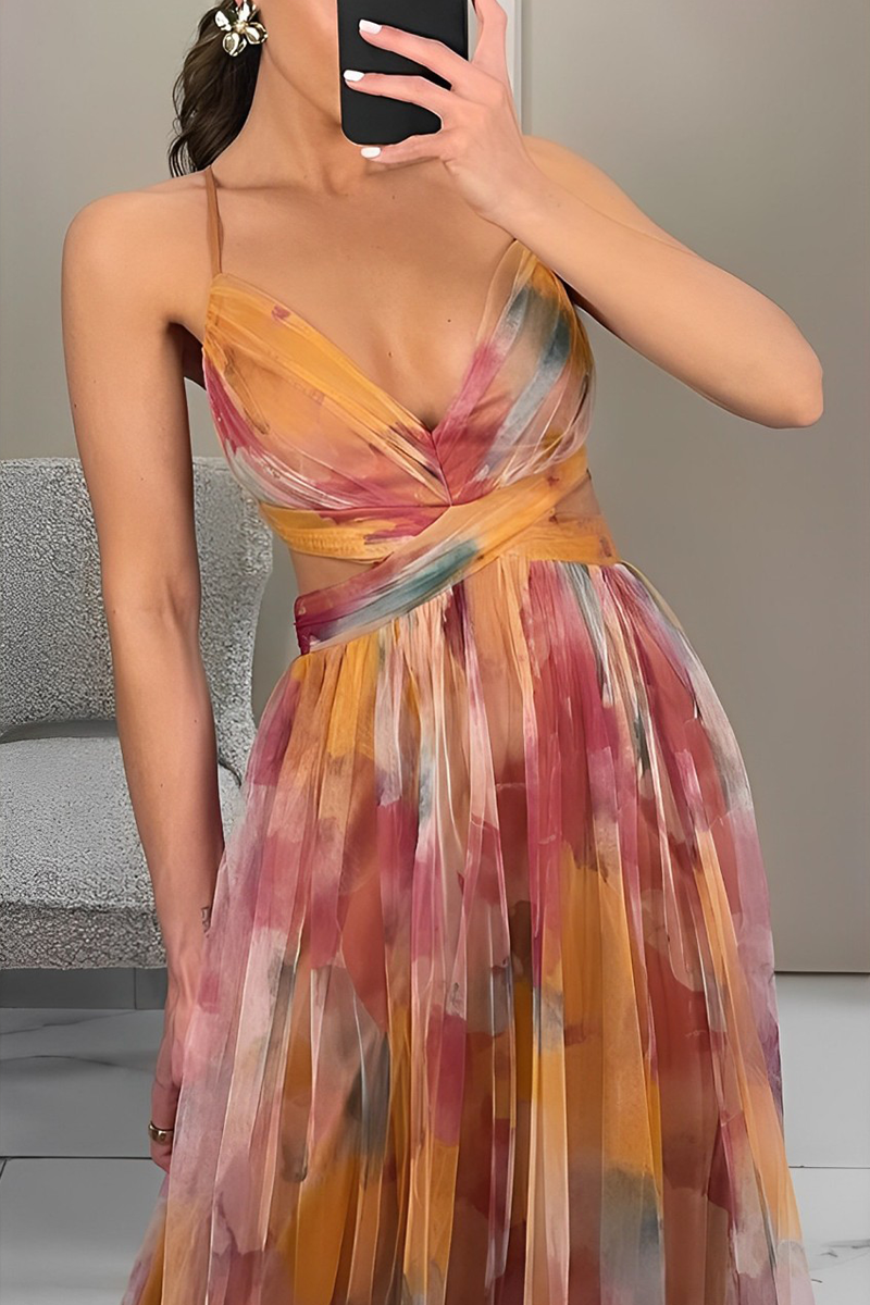 Drune | Sexy Gradient Print Rückenfrei Kontrast V-Ausschnitt Lange Kleider