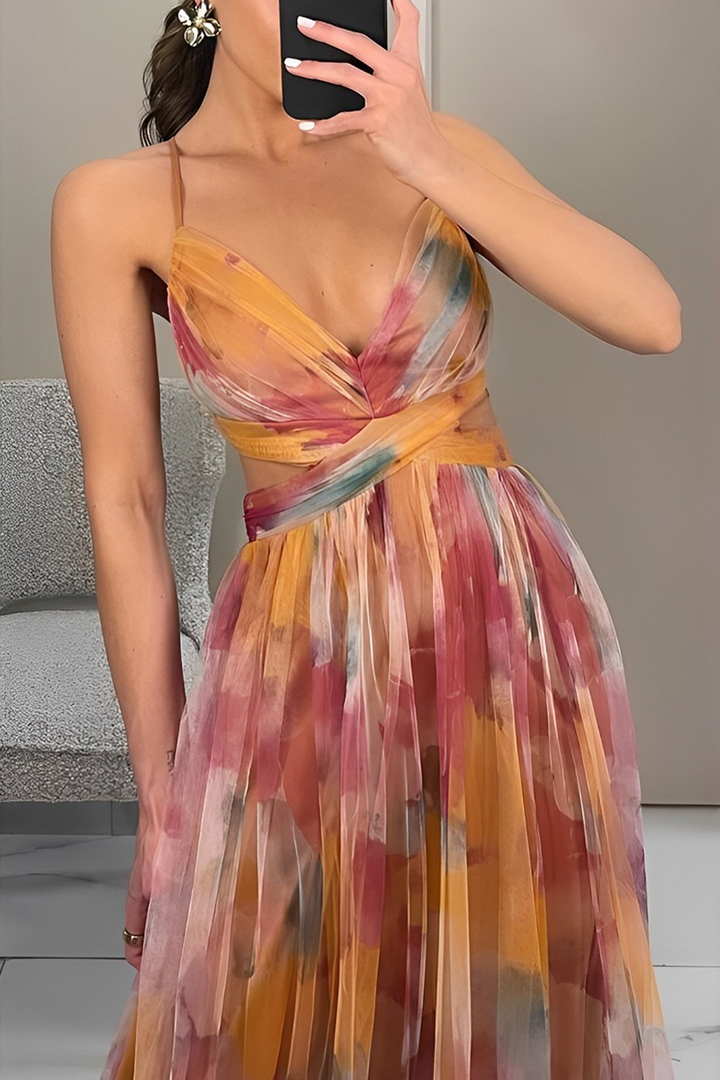 Drune | Sexy Gradient Print Rückenfrei Kontrast V-Ausschnitt Lange Kleider