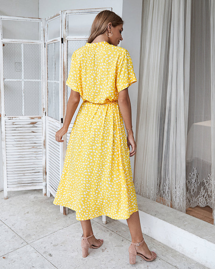 Drune | Lässiger Polka Dot V-Ausschnitt Kurzarm Midi Kleid