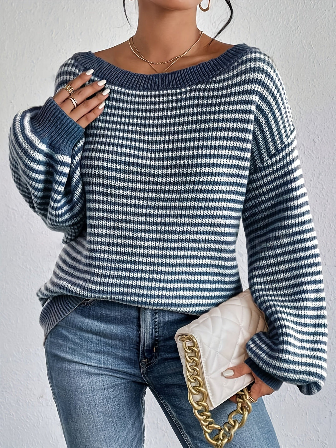 Drune |  Schulterfreier Baumwollpullover mit Streifen, elastischem Stoff und Rundhalsausschnitt Pullover Damen - Ideal für Frühling