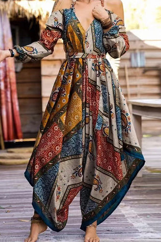 Drune | Lässige Street National Totem Print V-Ausschnitt Lockere Jumpsuits