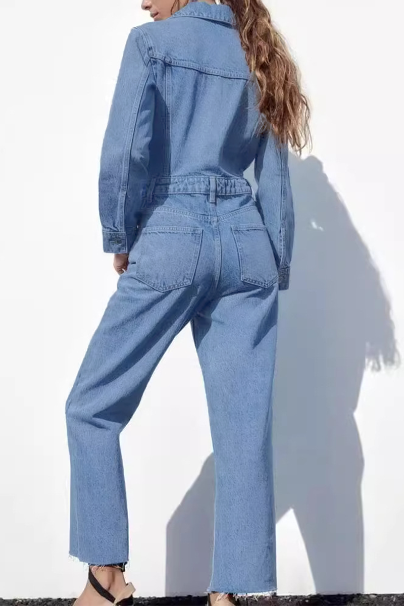 Drune | Lässiger Street Einfarbiger Taschenknopf Umlegekragen Lange Ärmel Lockere Denim Overalls