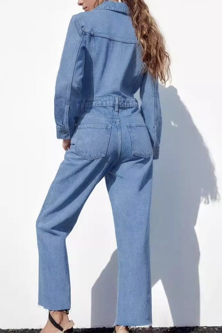 Drune | Lässiger Street Einfarbiger Taschenknopf Umlegekragen Lange Ärmel Lockere Denim Overalls