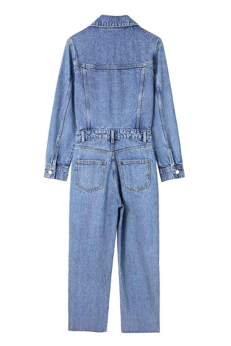 Drune | Lässiger Street Einfarbiger Taschenknopf Umlegekragen Lange Ärmel Lockere Denim Overalls